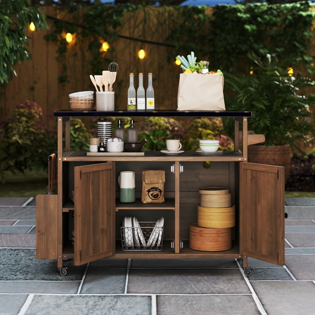 Livsk costway 130 cm barbecuewagen voor buiten met roestvrijstalen werkblad keukeneiland 6