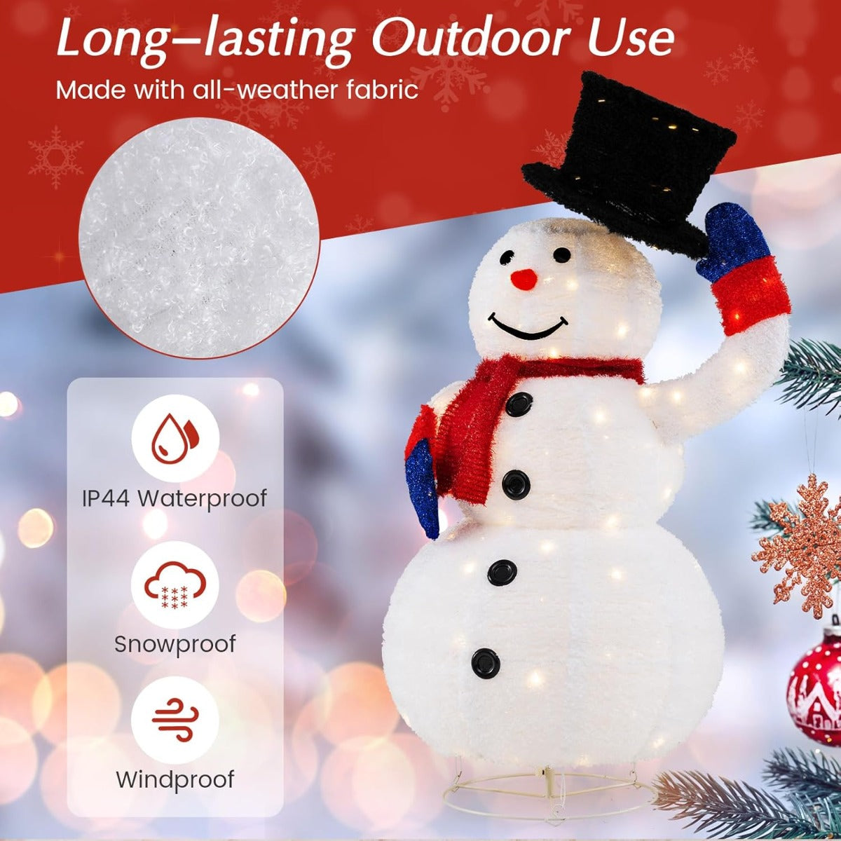 LIVSK Verlichte Kerstsneeuwpop - 130 cm Hoog - 120 Warmwitte LED-lampjes - Beweegbare Hoed - Timer Functie - Wit