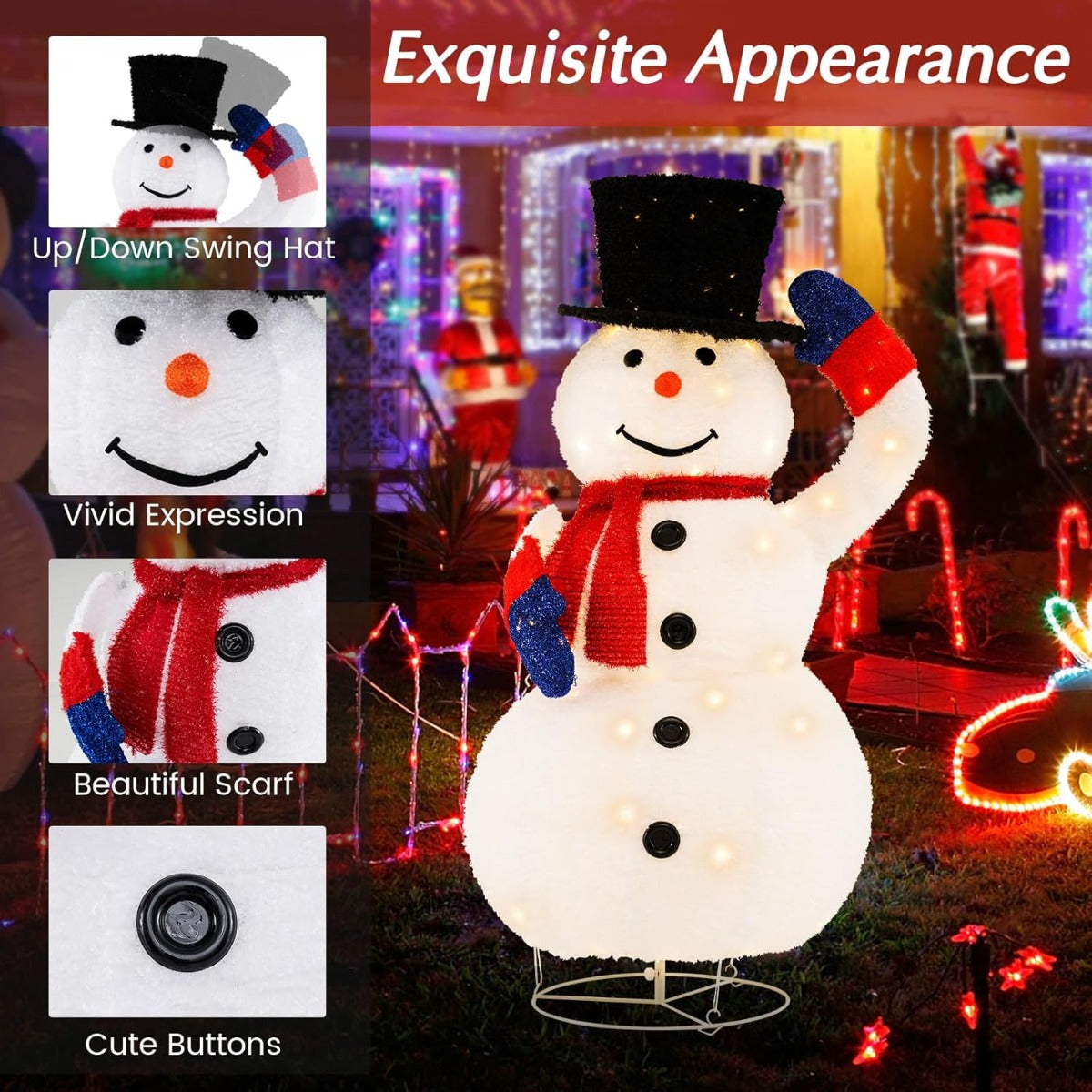 LIVSK Verlichte Kerstsneeuwpop - 130 cm Hoog - 120 Warmwitte LED-lampjes - Beweegbare Hoed - Timer Functie - Wit