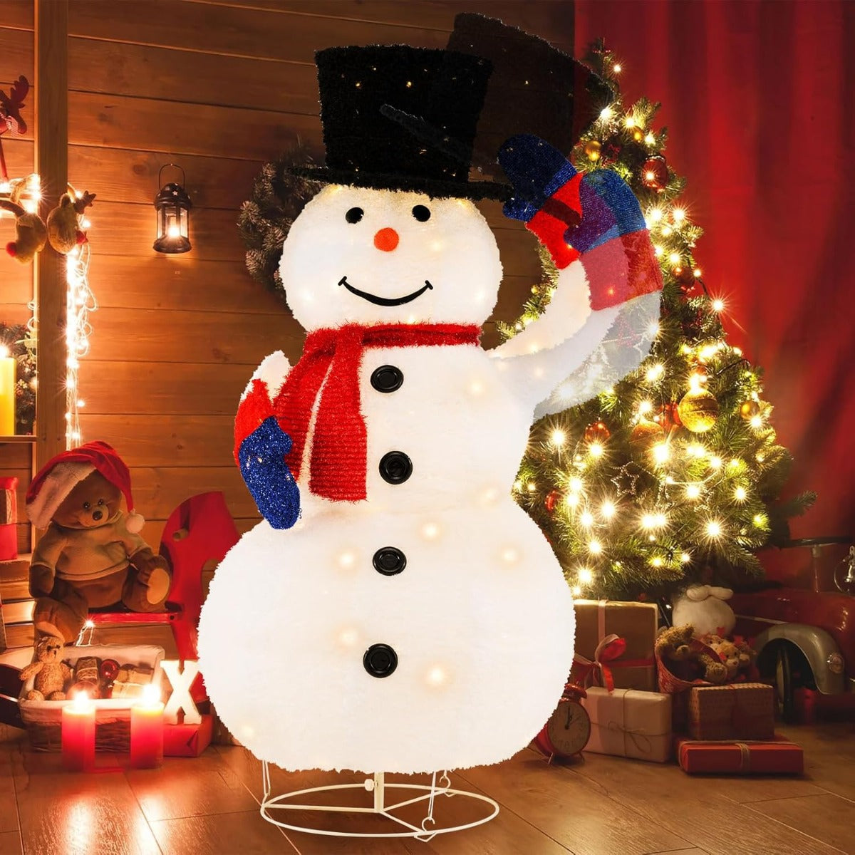 LIVSK Verlichte Kerstsneeuwpop - 130 cm Hoog - 120 Warmwitte LED-lampjes - Beweegbare Hoed - Timer Functie - Wit
