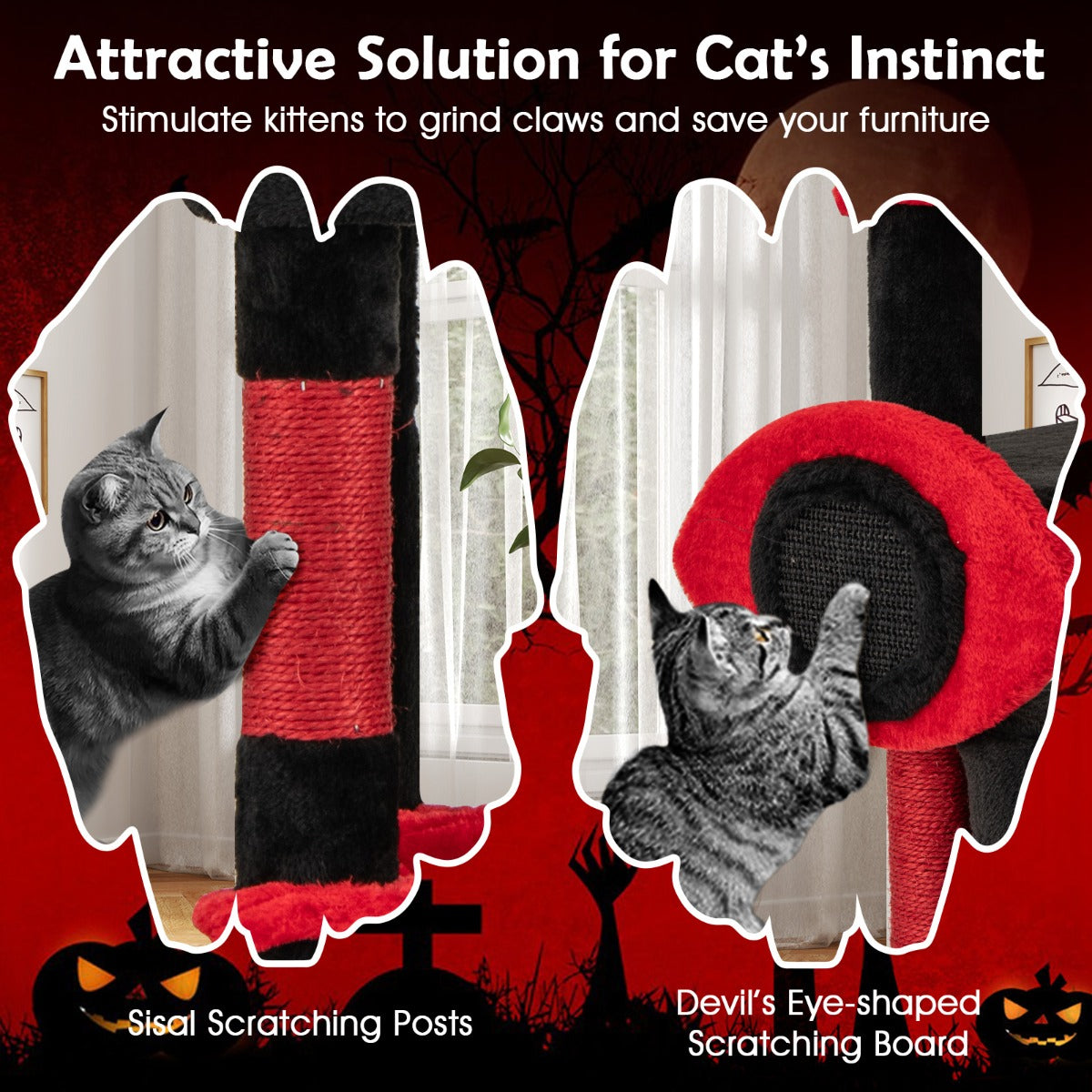 LIVSK Gotische Kattentoren - Mysterieuze Charme - Meerdere Rustplaatsen - Optimale Krasoplossing - Totale Hoogte 133 cm - Zwart
