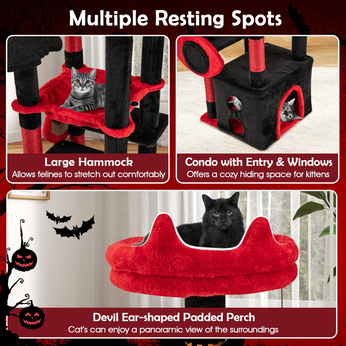 LIVSK Gotische Kattentoren - Mysterieuze Charme - Meerdere Rustplaatsen - Optimale Krasoplossing - Totale Hoogte 133 cm - Zwart