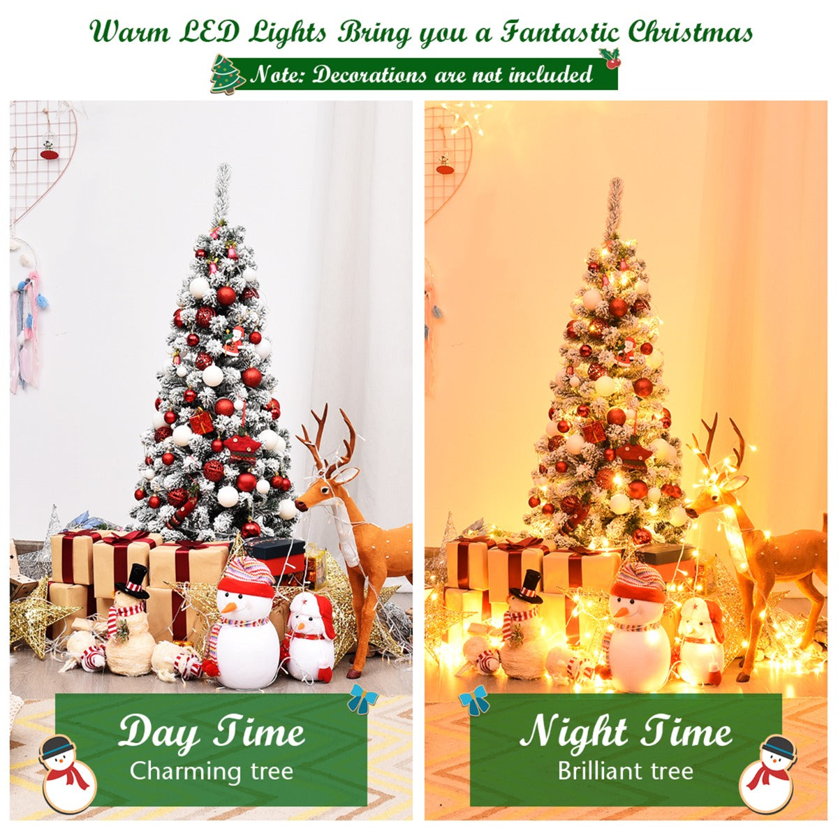 LIVSK Snowy Pencil Kunstkerstboom - 242 Takken met Besneeuwde Naalden - 150 Warme LED-lampjes - 135 cm - Groen