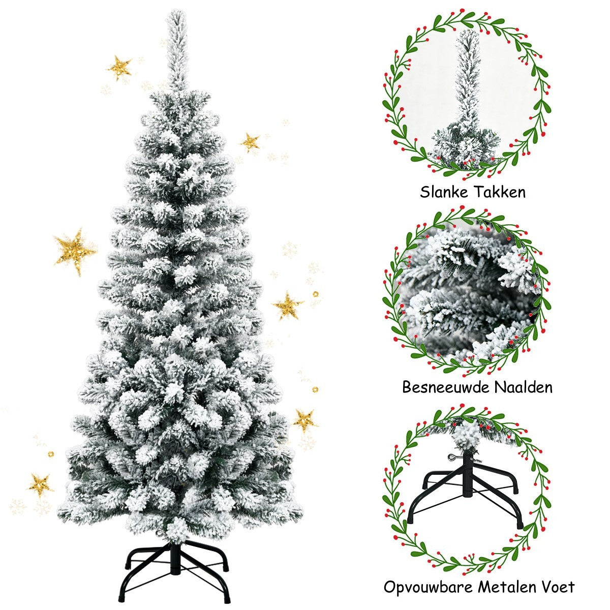 LIVSK Besneeuwde Kerstboom - 135 cm Hoog - 242 PVC-Takken - Stevige Metalen Standaard - Ruimtebesparend - Groen + Wit