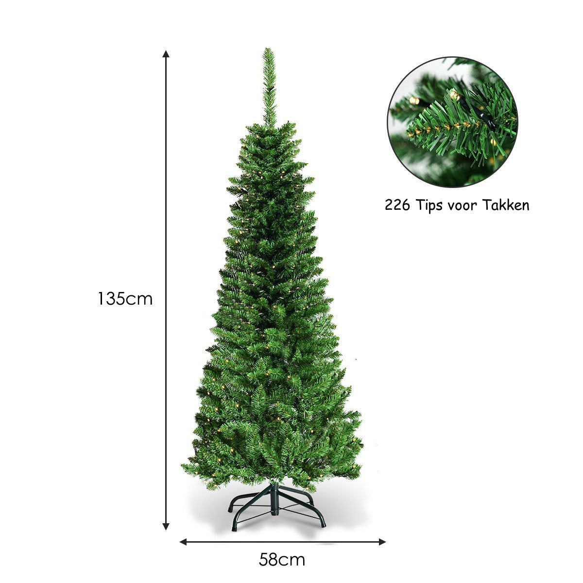 LIVSK Kunstkerstboom 135 cm - 150 Warmwitte LED-lampjes - Realistische PVC-naalden - Stevige metalen standaard - Groen