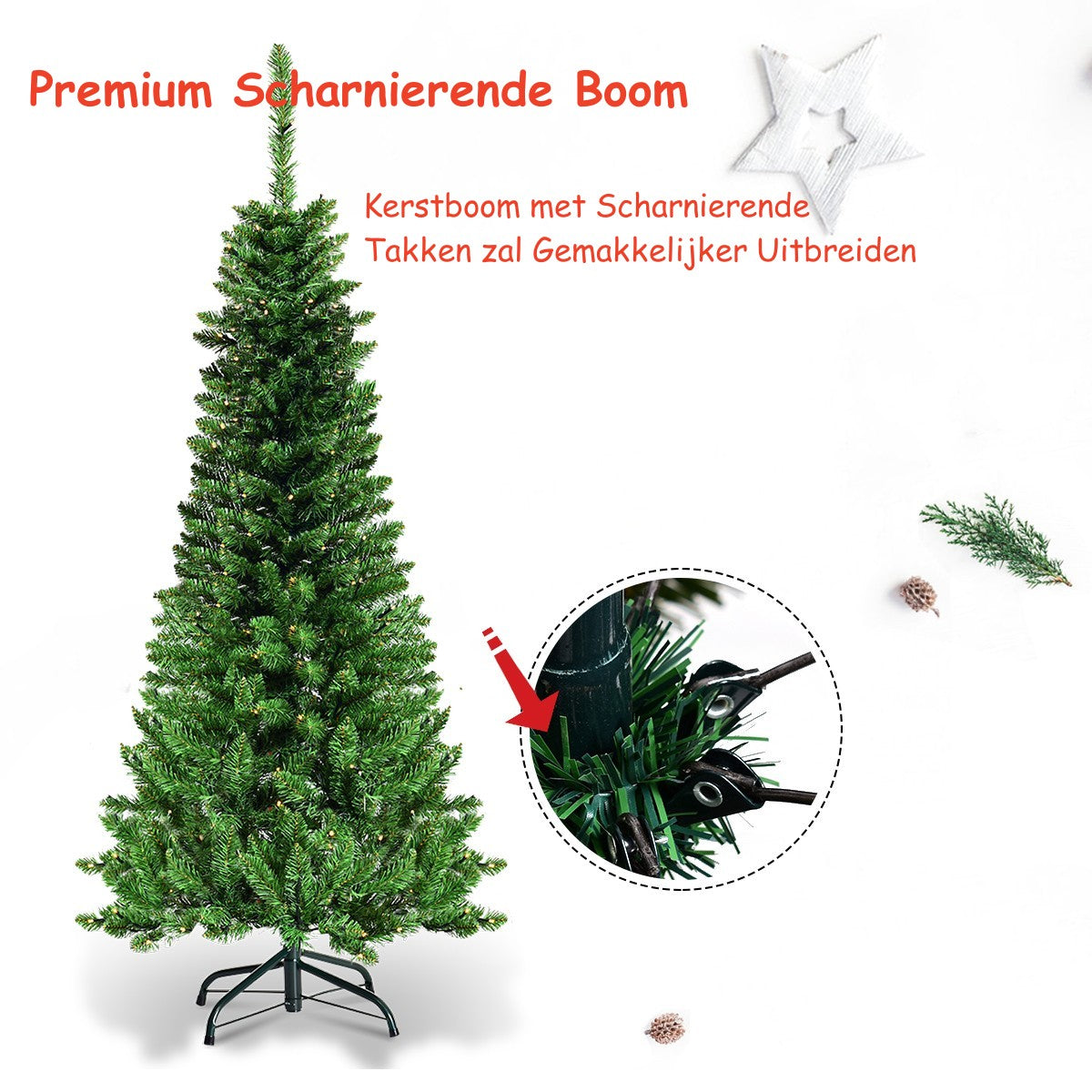 LIVSK Kunstkerstboom 135 cm - 150 Warmwitte LED-lampjes - Realistische PVC-naalden - Stevige metalen standaard - Groen