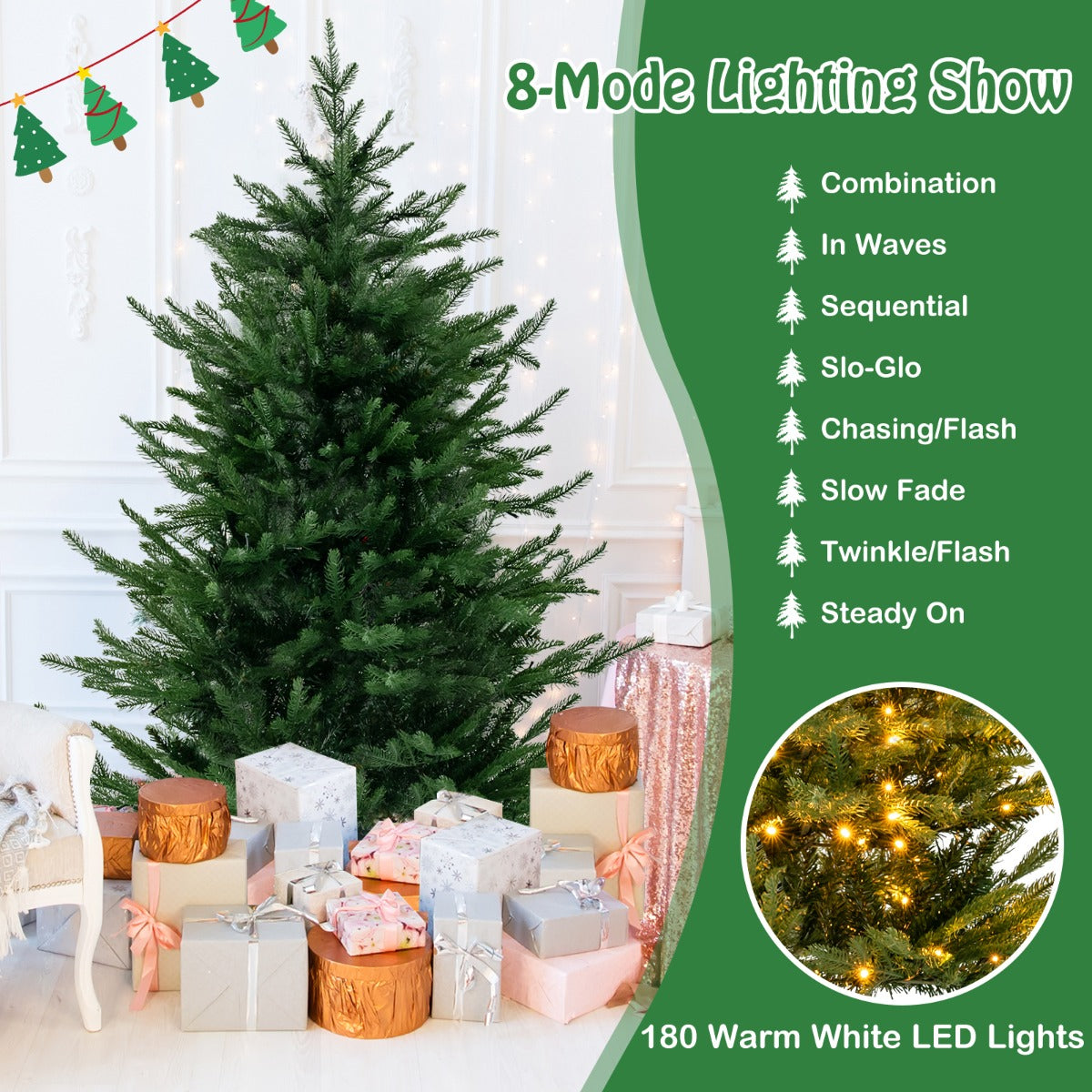 LIVSK Kunstkerstboom 136 cm - 386 takpunten - 180 warmwitte LED-lampjes - 8 verlichtingsmodi - Brandveilig - Groen