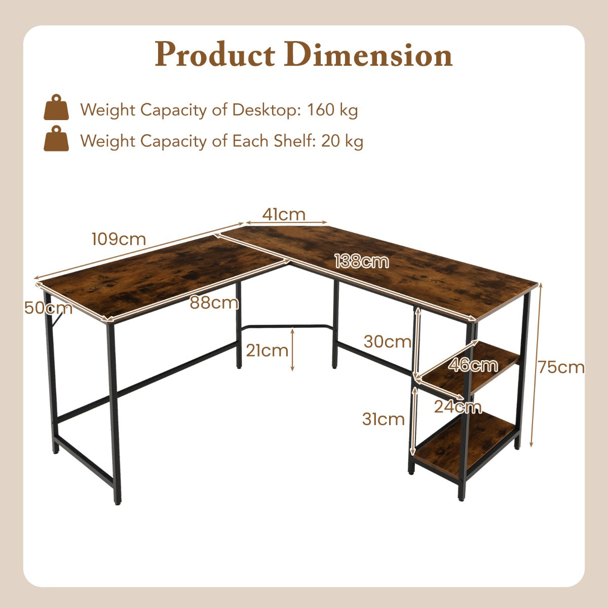 LIVSK L-vormig Computerbureau - Duurzaam Metaal - Verstelbare Voetjes - Opbergruimte - 138 x 50 x 75 cm - Bruin