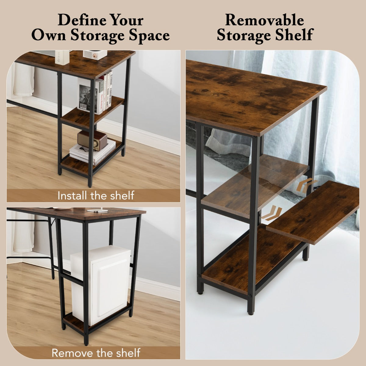 LIVSK L-vormig Computerbureau - Duurzaam Metaal - Verstelbare Voetjes - Opbergruimte - 138 x 50 x 75 cm - Bruin