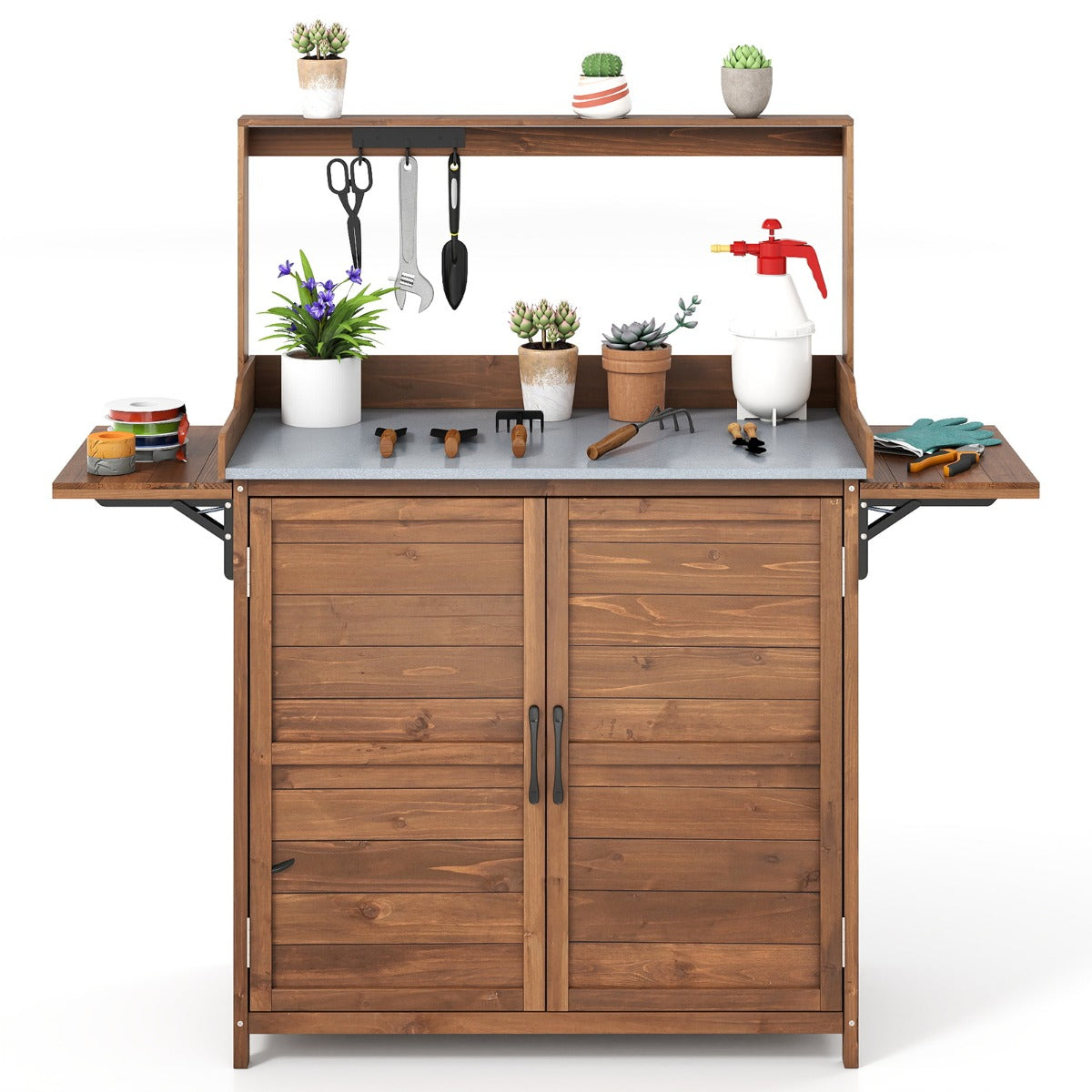 Livsk costway 138x47x128cm houten plantenbank tuintafel met gegalvaniseerd werkblad en onderkast tuinbouwwerkbank 1 1