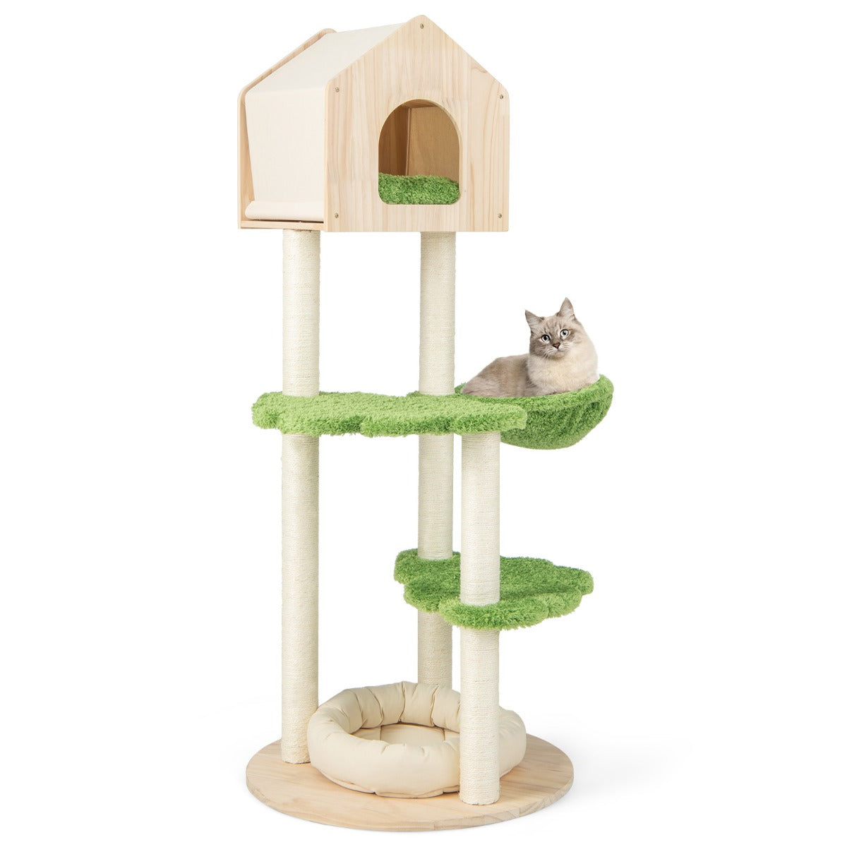 LIVSK Kattentoren voor Binnenkatten - Meerdere Niveaus - Hangmat en Platforms - Stabiele Grenenhouten Basis - Groen + Beige