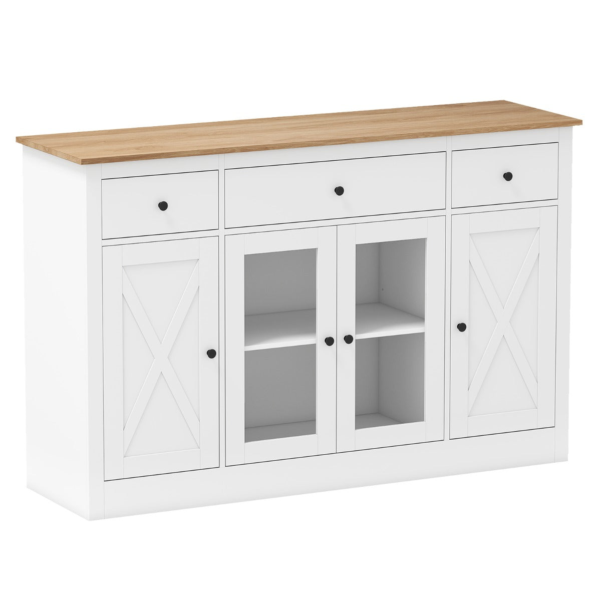Livsk costway 140 cm buffetkast houten dressoir keukenkast met 3 lades 2 glazen deuren en verstelbare planken moderne houten kast wit