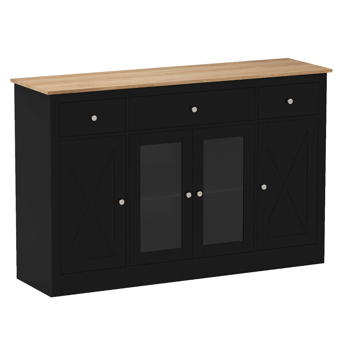 Livsk costway 140 cm buffetkast houten dressoir keukenkast met 3 lades 2 glazen deuren en verstelbare planken moderne houten kast zwart