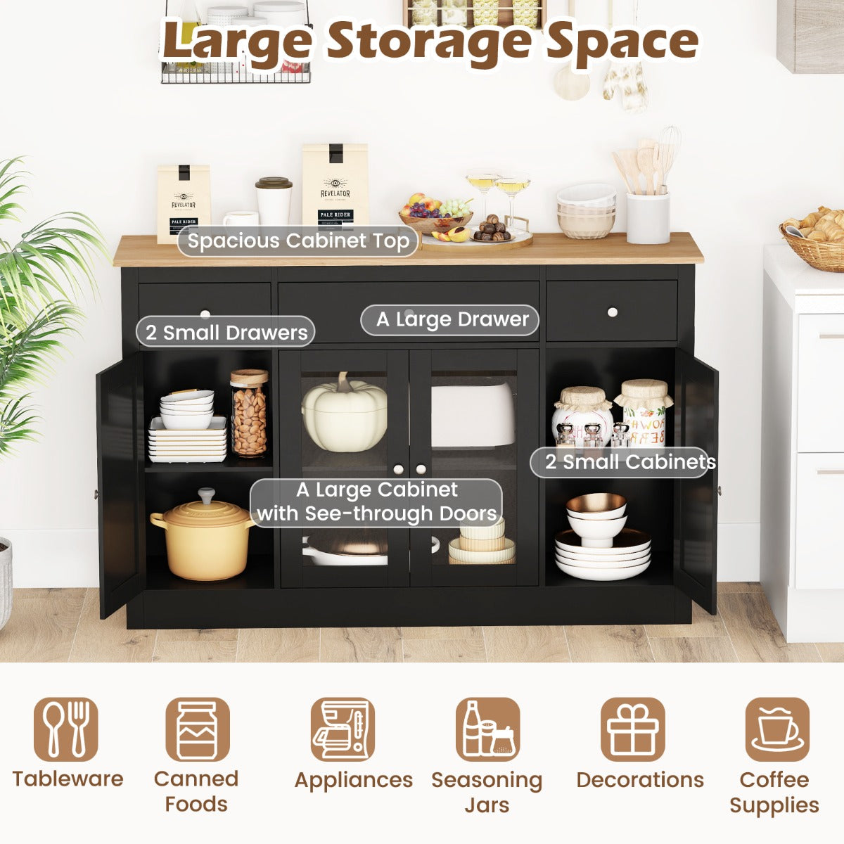 Livsk costway 140 cm buffetkast houten dressoir keukenkast met 3 lades 2 glazen deuren en verstelbare planken moderne houten kast zwart 3