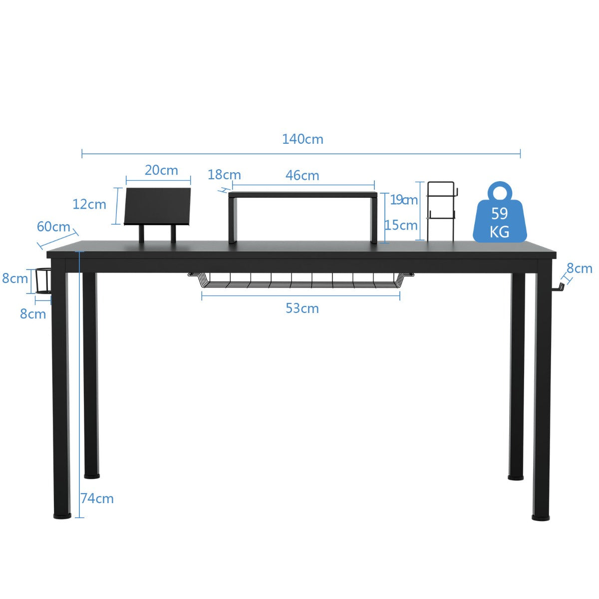LIVSK Professioneel Gamebureau - Ergonomische Monitorplank - Bekerhouder - Hoofdtelefoonhaak - Opbergmand - 155 x 60 x 94 cm -