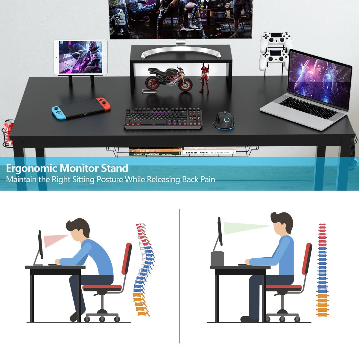 LIVSK Professioneel Gamebureau - Ergonomische Monitorplank - Bekerhouder - Hoofdtelefoonhaak - Opbergmand - 155 x 60 x 94 cm -