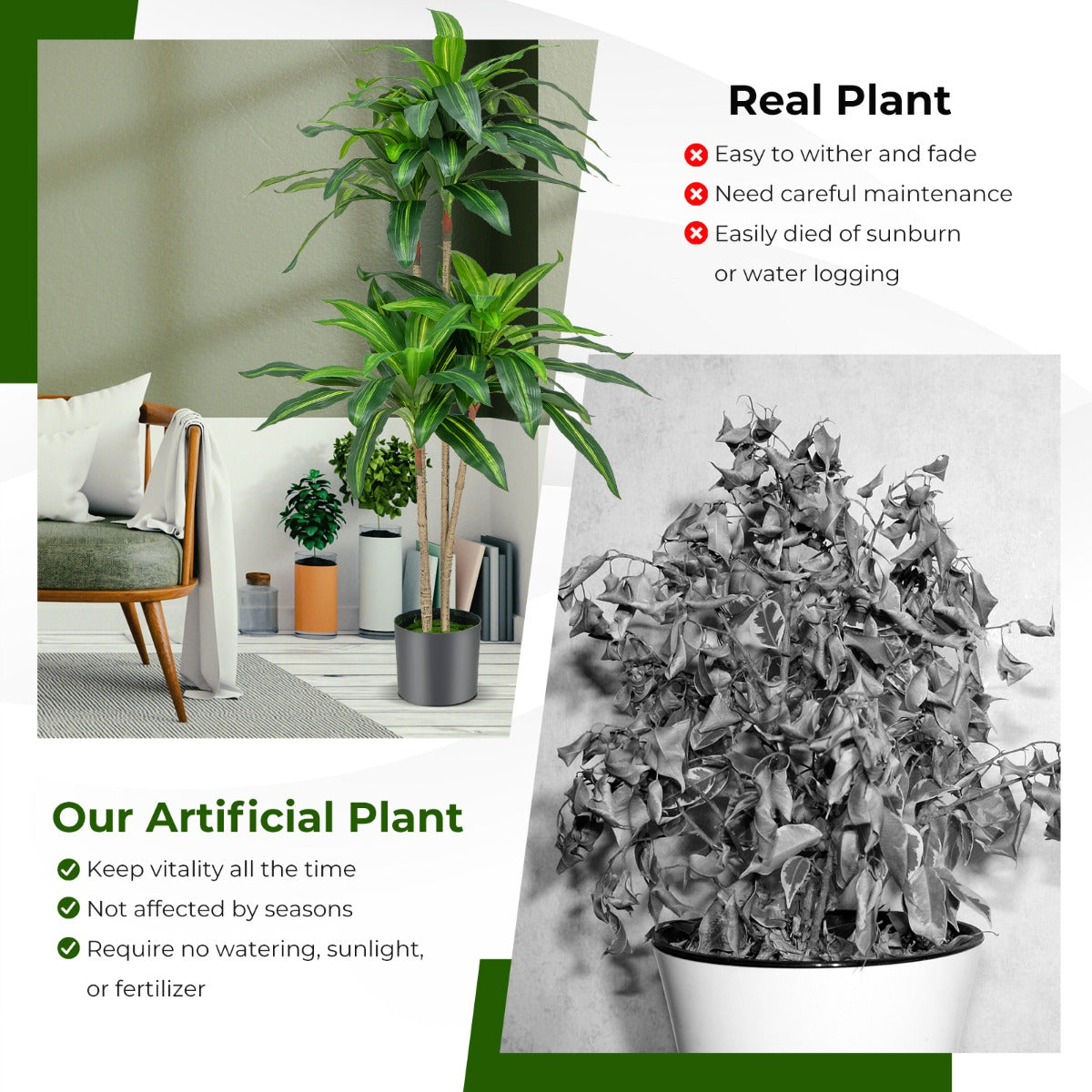 LIVSK Kunstdracaena Boom 140 cm - 92 Groene Bladeren - Onderhoudsvrij - Duurzaam PEVA - Stevige Cementpot - Groen