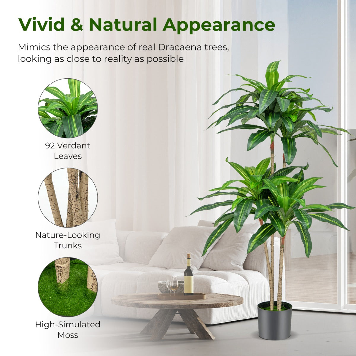 LIVSK Kunstdracaena Boom 140 cm - 92 Groene Bladeren - Onderhoudsvrij - Duurzaam PEVA - Stevige Cementpot - Groen