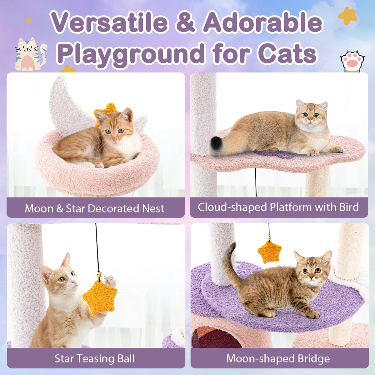 LIVSK Kattentoren met Hangmat en Krabpaal - Pluchen Zitstok en Wolkenplatforms - Stabiele Constructie - Tot 15 kg - Paarsachtig