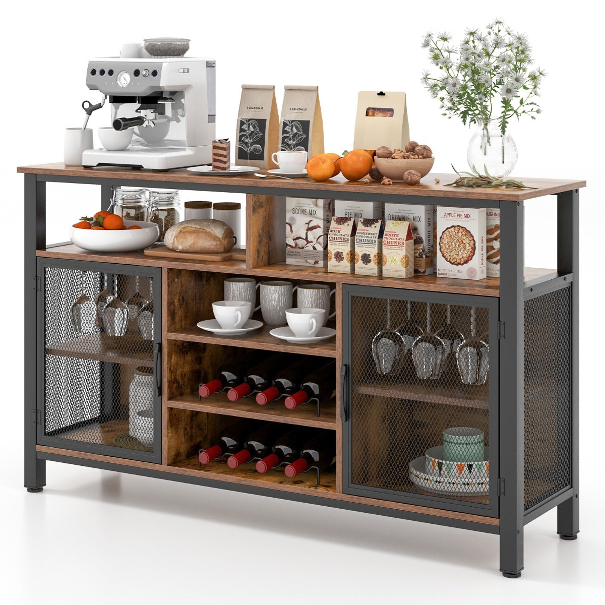 LIVSK Wijnbarmeubel met Gaasdeuren - Voor 8 Flessen en 6 Rijen Glazen Houders - Stevig Metalen Frame - Tot 60 inch TV - Rustiek