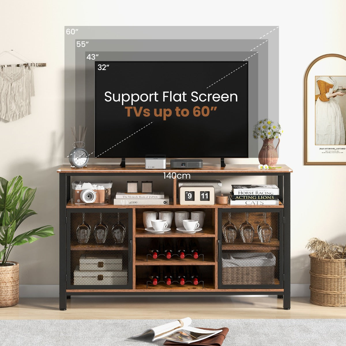 LIVSK Wijnbarmeubel met Gaasdeuren - Voor 8 Flessen en 6 Rijen Glazen Houders - Stevig Metalen Frame - Tot 60 inch TV - Rustiek