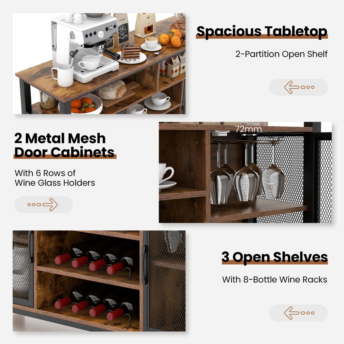 LIVSK Wijnbarmeubel met Gaasdeuren - Voor 8 Flessen en 6 Rijen Glazen Houders - Stevig Metalen Frame - Tot 60 inch TV - Rustiek