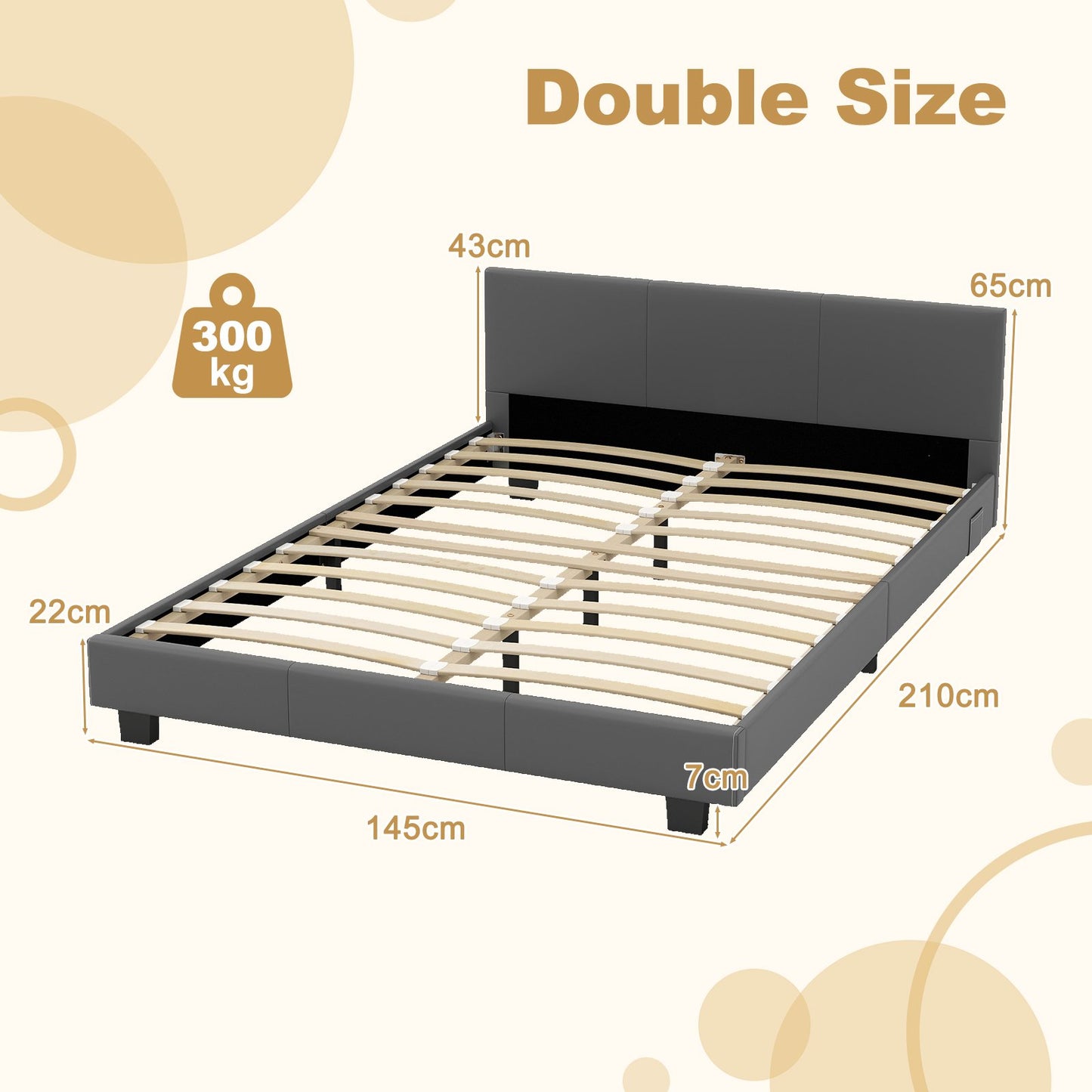 LIVSK Tweepersoonsbedframe met LED Verlichting - Kunstleer Bekleding - Stevige Lattenbodem - 5 Metalen Poten - Grijs - 140 x 200