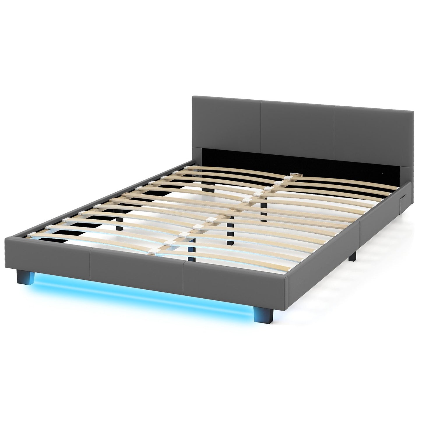 LIVSK Tweepersoonsbedframe met LED Verlichting - Kunstleer Bekleding - Stevige Lattenbodem - 5 Metalen Poten - Grijs - 140 x 200