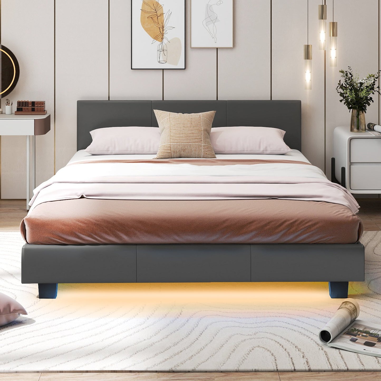 LIVSK Tweepersoonsbedframe met LED Verlichting - Kunstleer Bekleding - Stevige Lattenbodem - 5 Metalen Poten - Grijs - 140 x 200