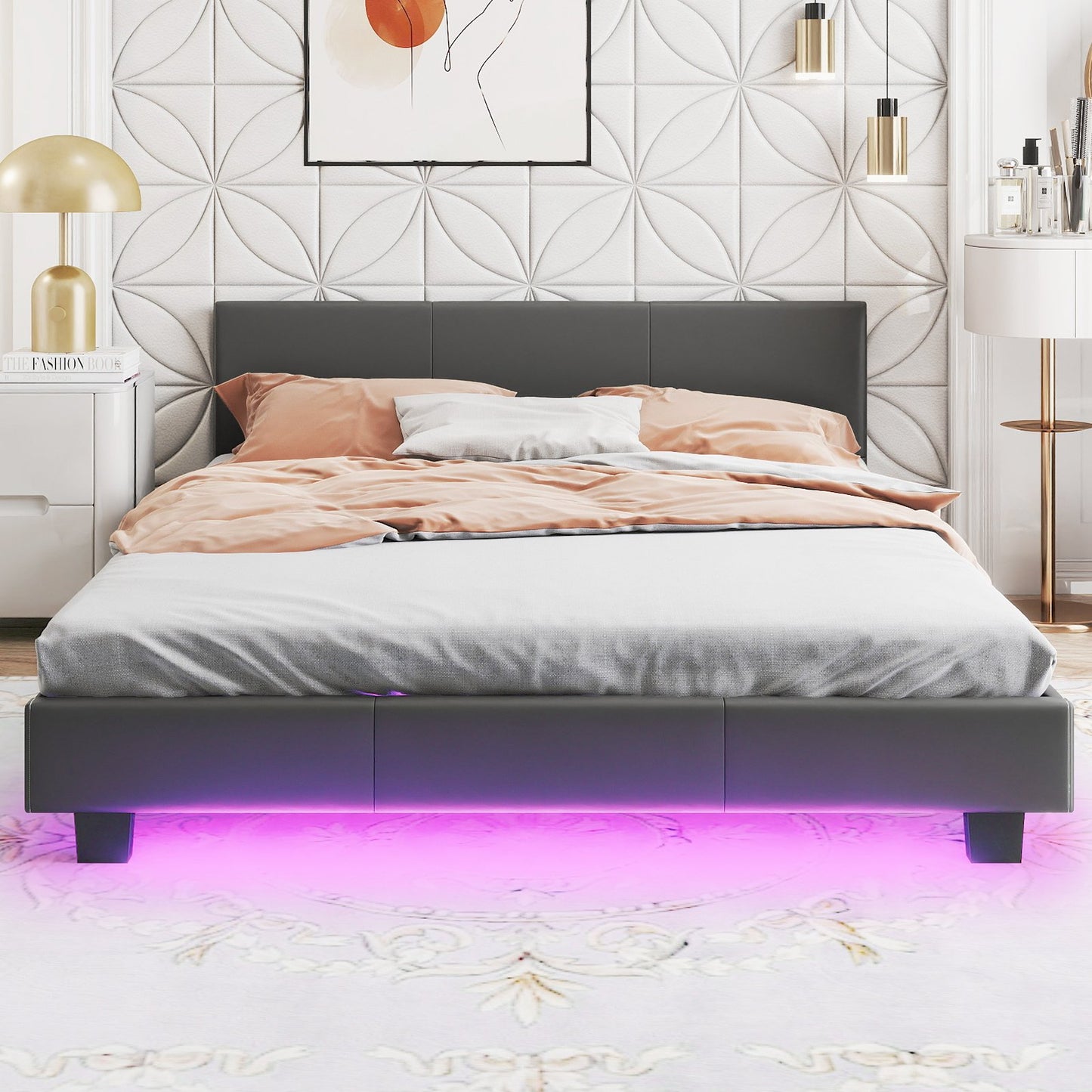 LIVSK Tweepersoonsbedframe met LED Verlichting - Kunstleer Bekleding - Stevige Lattenbodem - 5 Metalen Poten - Grijs - 140 x 200