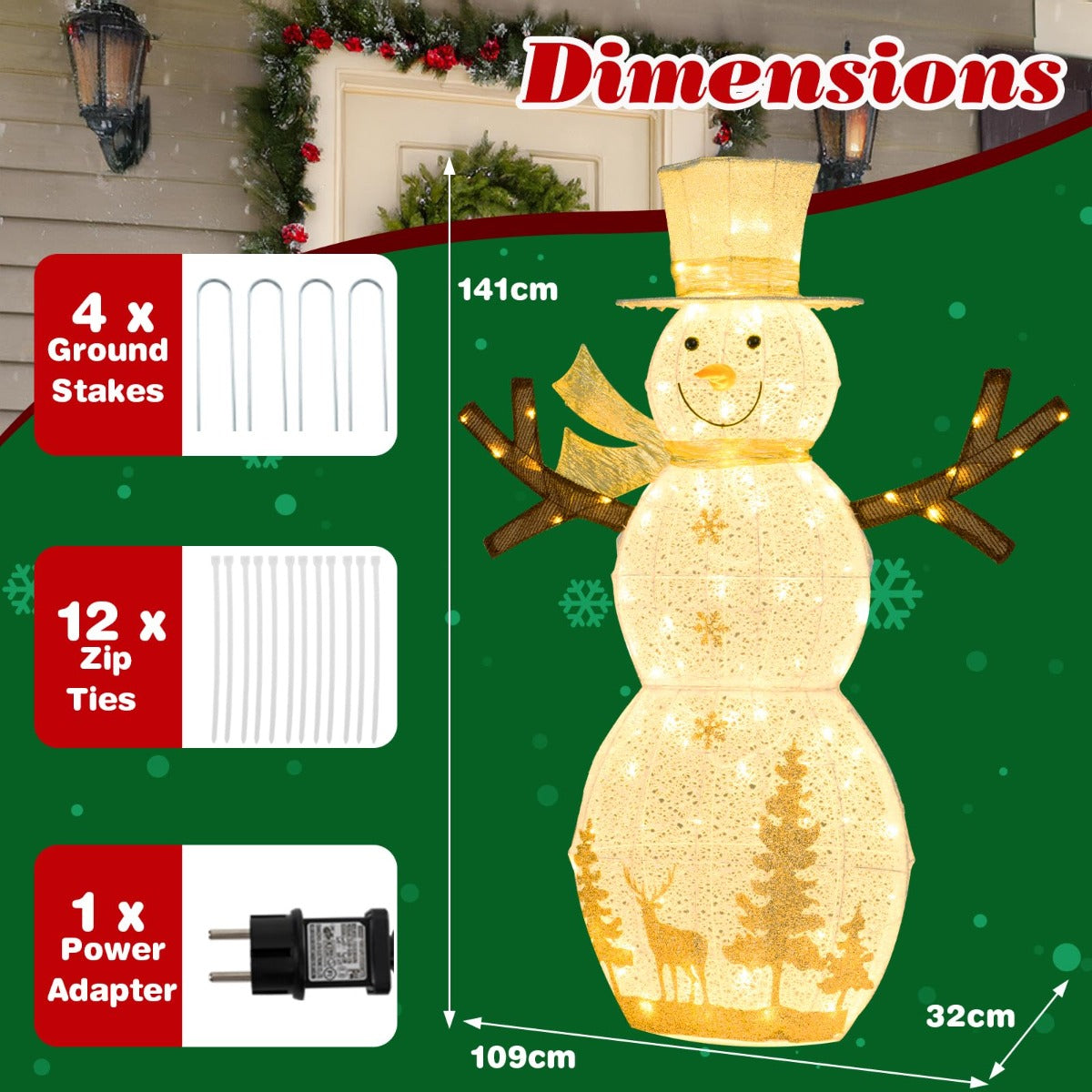 LIVSK Verlichte Sneeuwman Kerstdecoratie - 100 Warmwitte LED-lampen - Weerbestendig - 141 x 32 x 109 cm - Wit