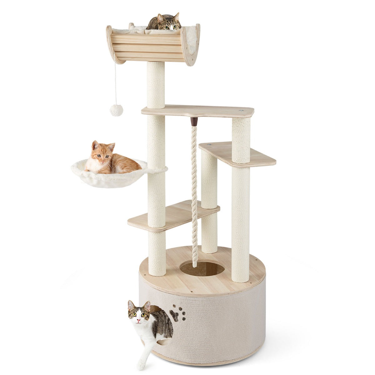 Livsk costway 141 cm hoge krabpaal met meerdere niveaus klimtoren van hout met kattenhol gebogen uitkijkplatform en hangmat 1 1