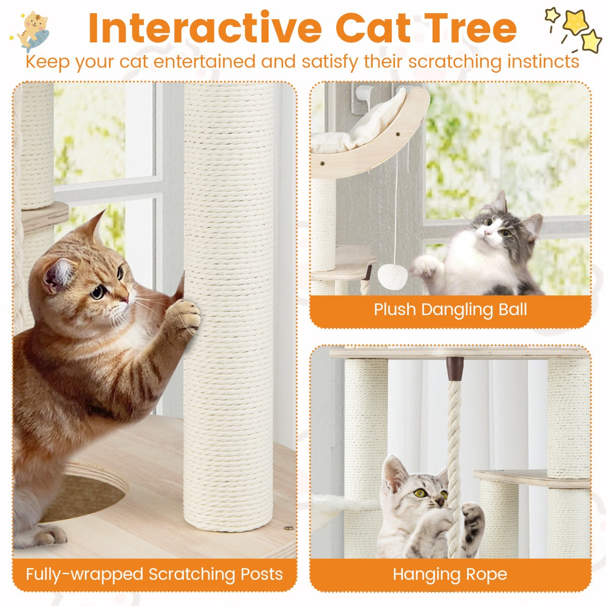 Livsk costway 141 cm hoge krabpaal met meerdere niveaus klimtoren van hout met kattenhol gebogen uitkijkplatform en hangmat 3