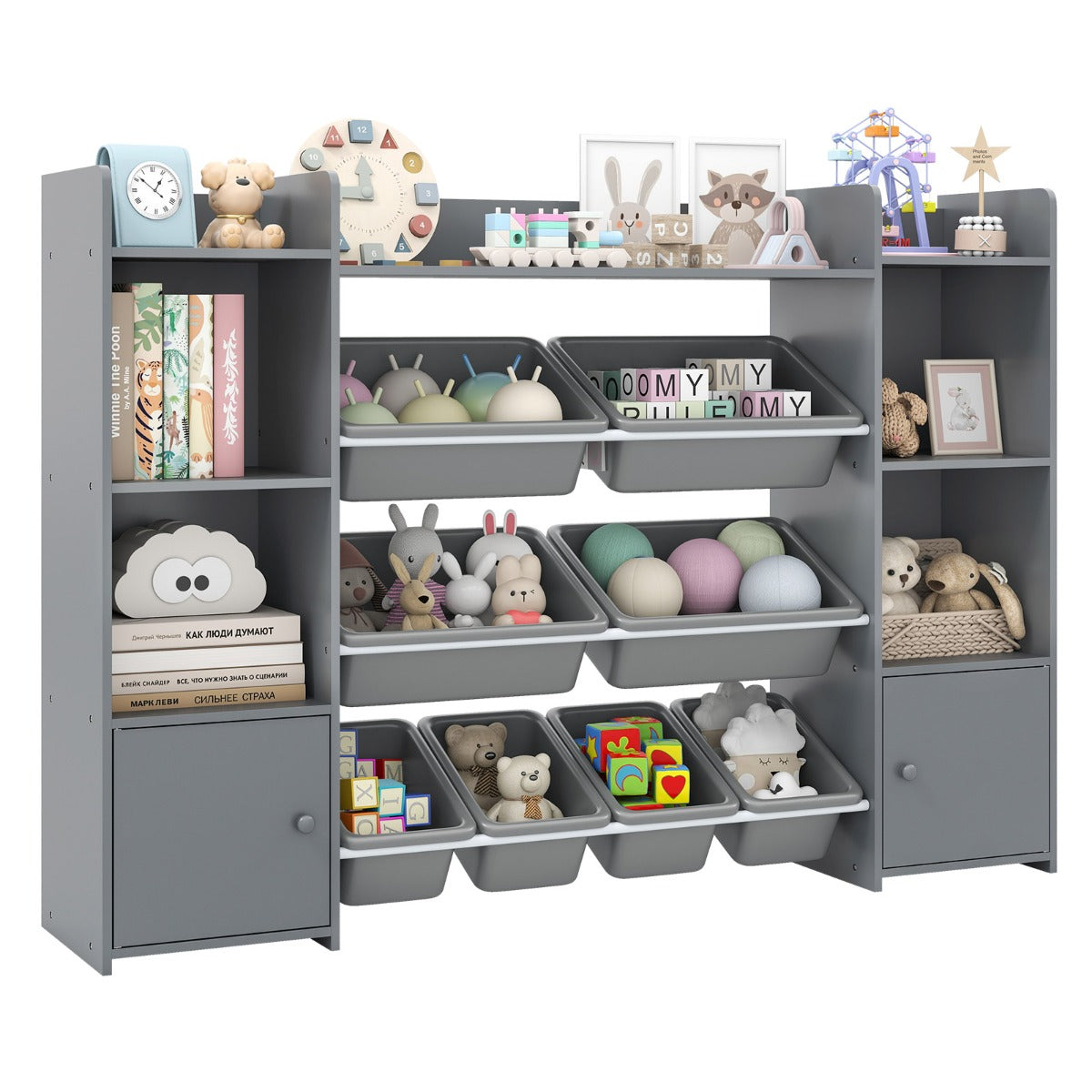 Livsk costway 142 cm hoge speelgoedkast met 4 lagen kinderrek met 8 verwijderbare bakken en boekenplank grijs