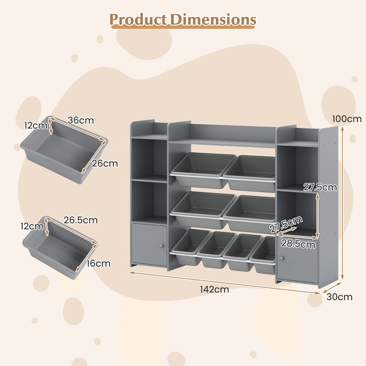 Livsk costway 142 cm hoge speelgoedkast met 4 lagen kinderrek met 8 verwijderbare bakken en boekenplank grijs 2