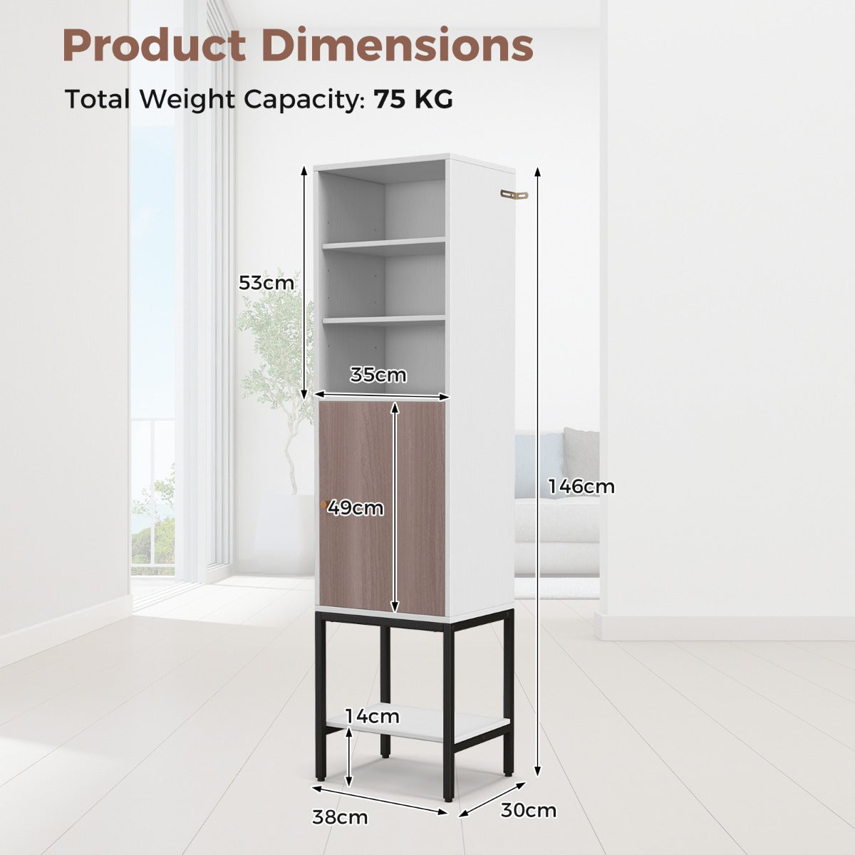 LIVSK Opbergkast - Verstelbare Planken - Slank Ontwerp met Deur - Maximaal 75 kg - 38 x 30 x 146 cm - Wit