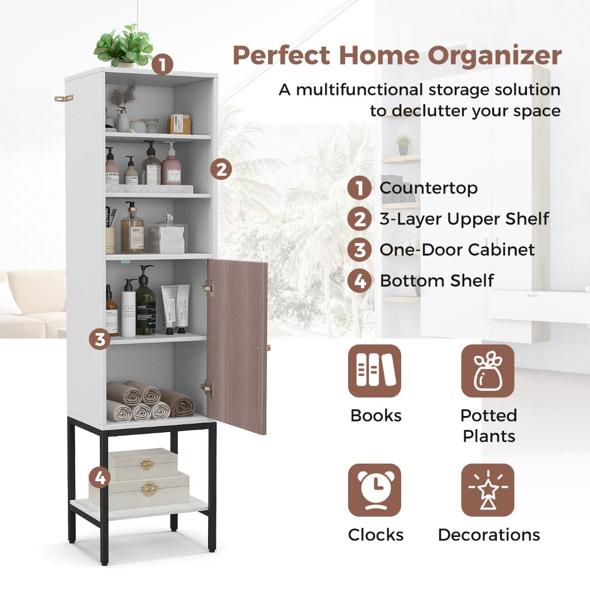 LIVSK Opbergkast - Verstelbare Planken - Slank Ontwerp met Deur - Maximaal 75 kg - 38 x 30 x 146 cm - Wit