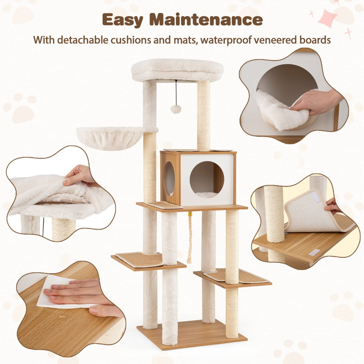 Livsk costway 148 cm hoge moderne krabpaal kattenboom voor binnenkatten en kittens klimboom met tapijt