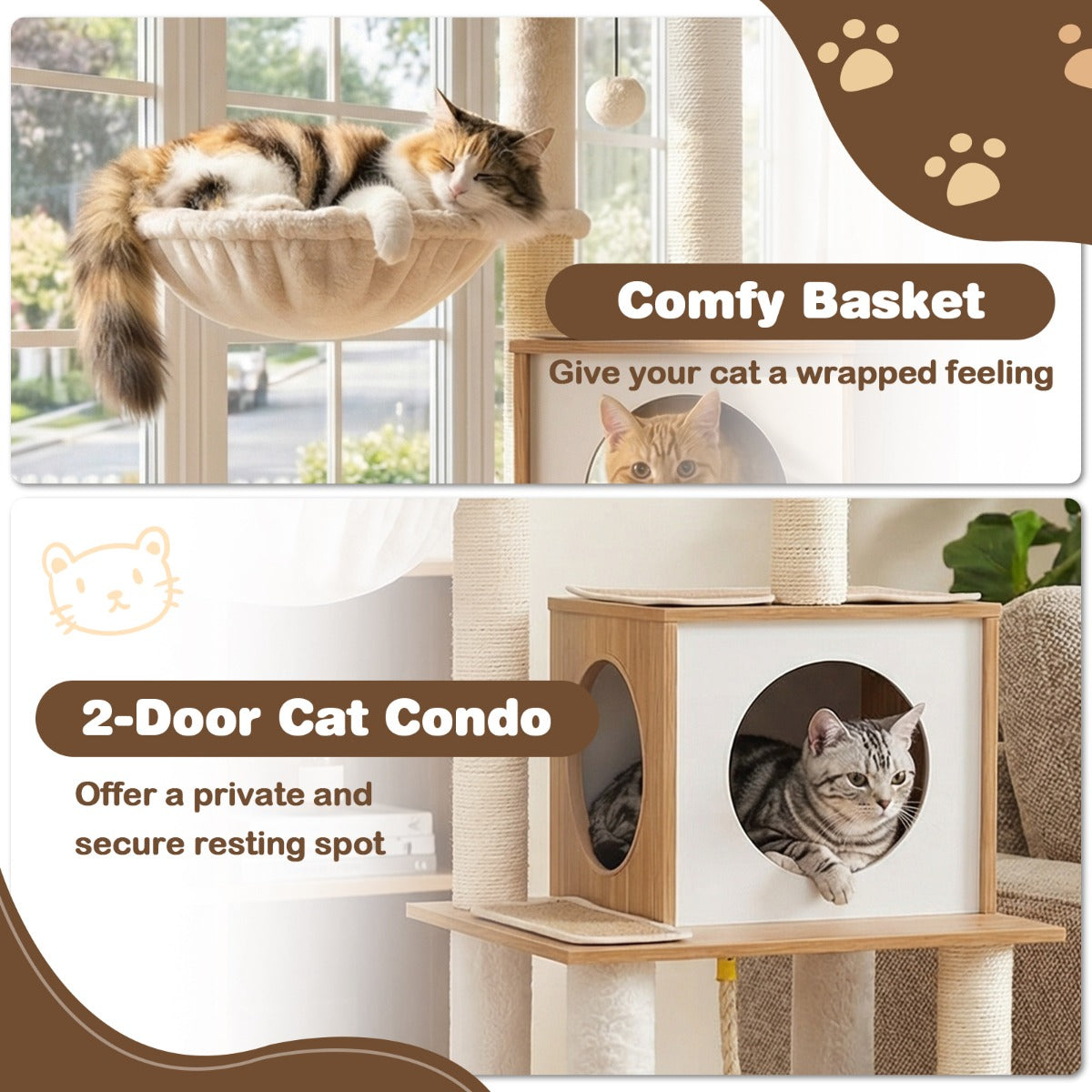 Livsk costway 148 cm hoge moderne krabpaal kattenboom voor binnenkatten en kittens klimboom met tapijt