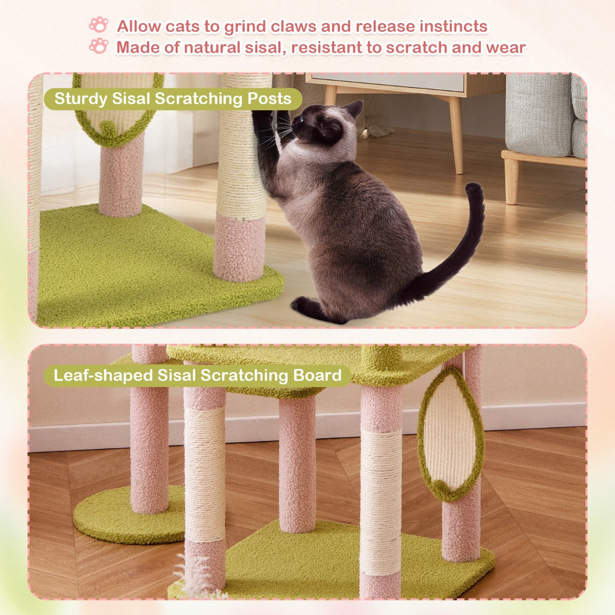 LIVSK Krabpaal voor Katten - 148 cm Hoog - Meerdere Rustplaatsen - Sisalpalen - Zachte Hangmat - Roze/Groen