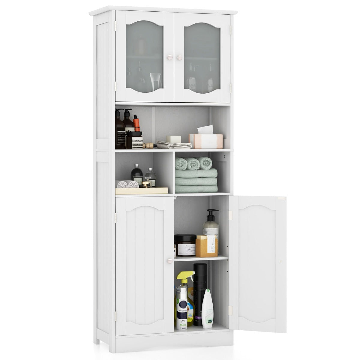 LIVSK Hoge Opbergkast met Matglazen Deuren - 2 Verstelbare Planken - 3 Open Vakken - Veiligheidsbevestiging - 60 x 30 x 148,5 cm