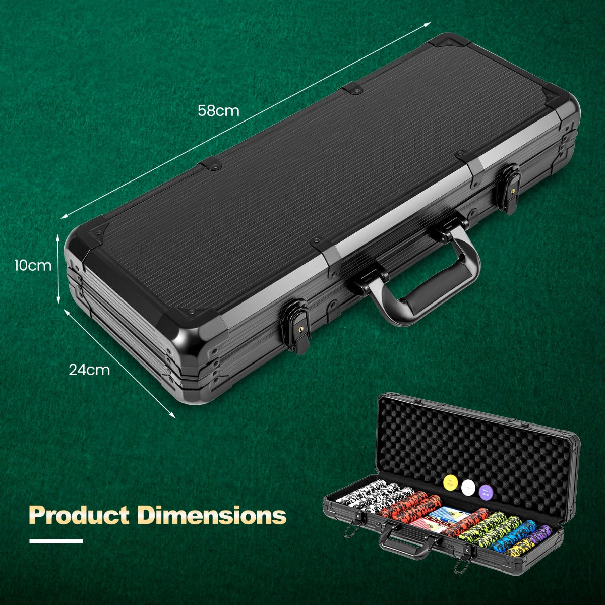 LIVSK Pokerficheset - 500 Fiches - 2 Kaartspellen - 5 Dobbelstenen - Stevige Aluminium Koffer - Voor 9-10 Spelers - Zwart