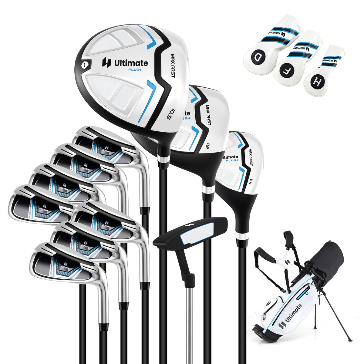LIVSK Complete 15-Delige Golfset voor Heren - Hoogwaardige Woods en IJzers - Mallet Putter - Standbag met Regenhoes - Wit