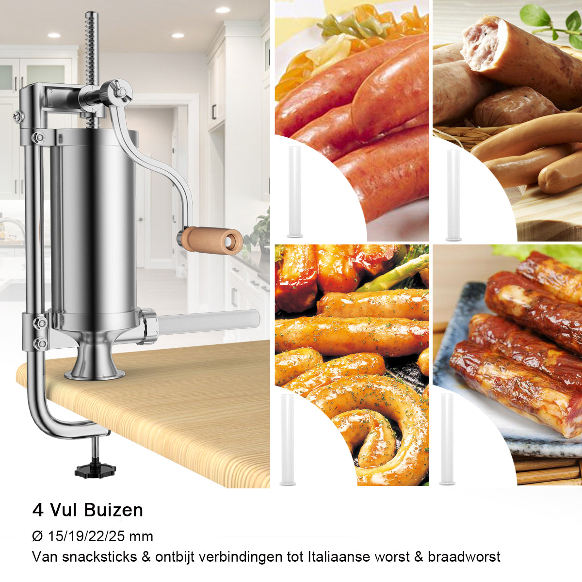LIVSK Roestvrijstalen Verticale Worstvuller - 4 Maten Worstbuizen - Duurzaam en Eenvoudig te Reinigen - Voor Thuisgebruik - Zilver