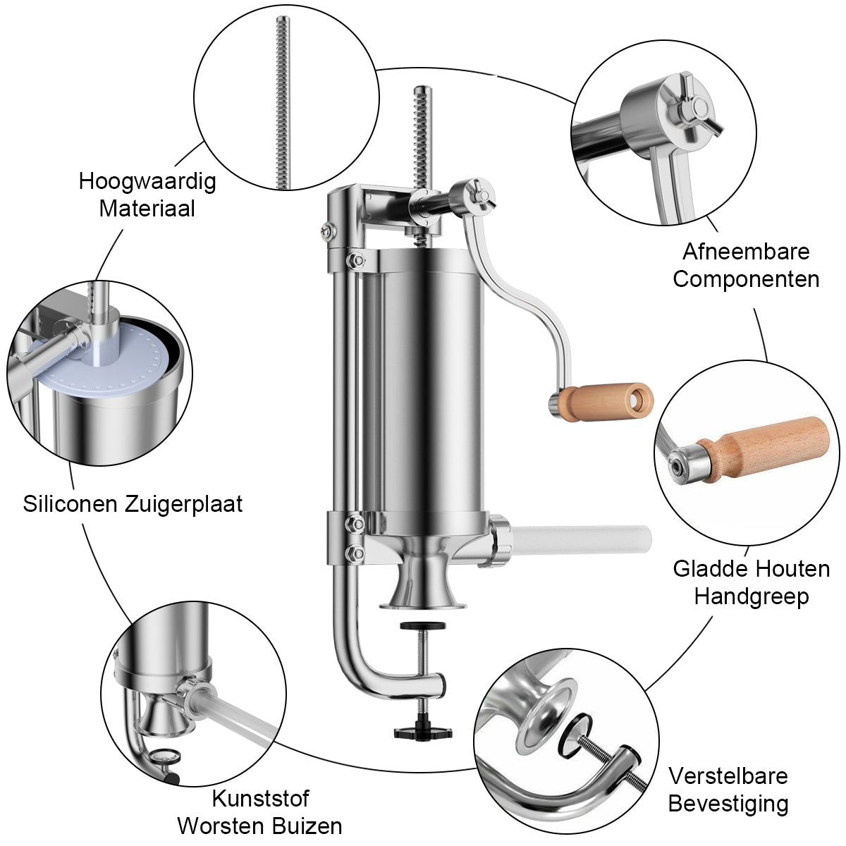 LIVSK Roestvrijstalen Verticale Worstvuller - 4 Maten Worstbuizen - Duurzaam en Eenvoudig te Reinigen - Voor Thuisgebruik - Zilver