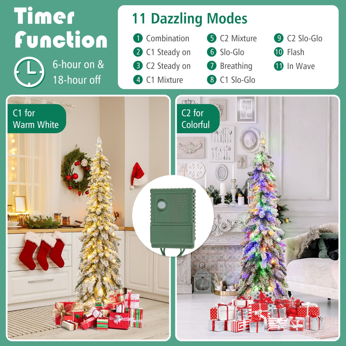 LIVSK Kunstkerstboom 150 cm - 334 Sneeuwtakken - 150 LED-lampjes - 11 Lichtmodi - Timer - Groen/Wit