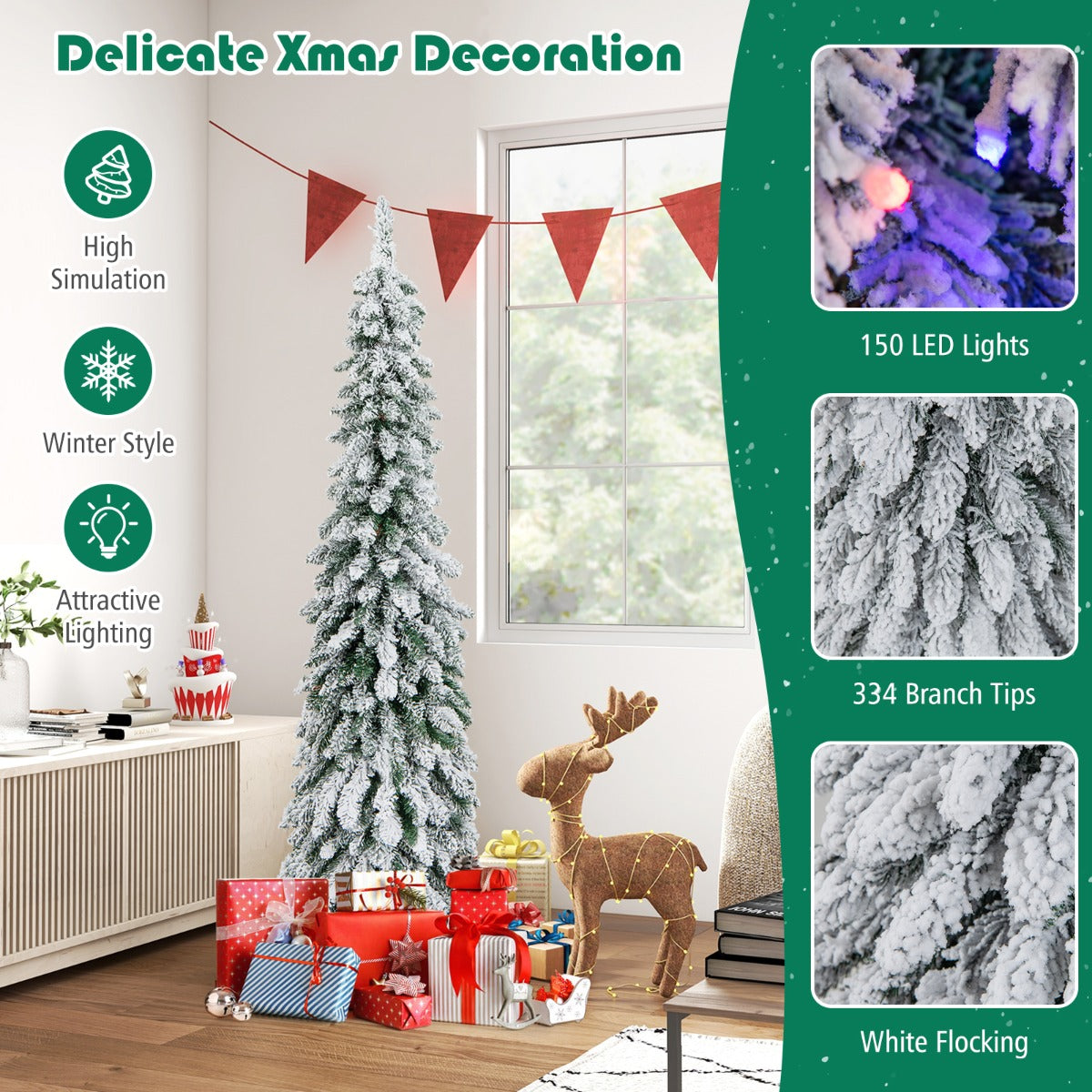 LIVSK Kunstkerstboom 150 cm - 334 Sneeuwtakken - 150 LED-lampjes - 11 Lichtmodi - Timer - Groen/Wit