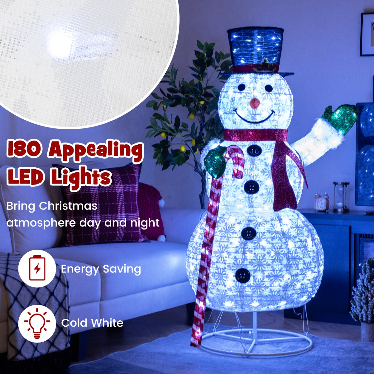 LIVSK Verlichte Pop-Up Sneeuwpop - 150 cm Hoog met 180 LED-Lampjes - Duurzaam en Weerbestendig - Inclusief Grondspiesen - Wit