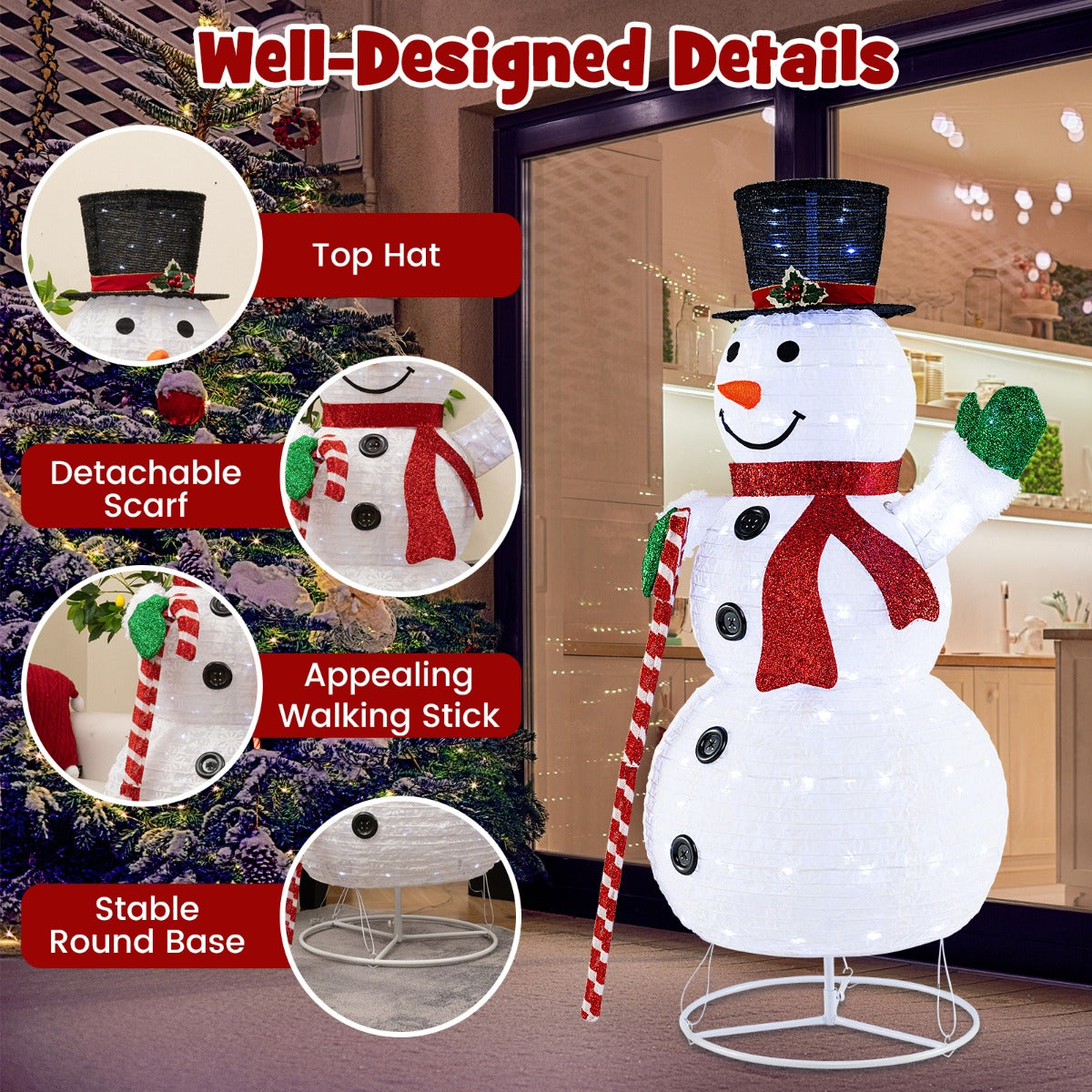 LIVSK Verlichte Pop-Up Sneeuwpop - 150 cm Hoog met 180 LED-Lampjes - Duurzaam en Weerbestendig - Inclusief Grondspiesen - Wit