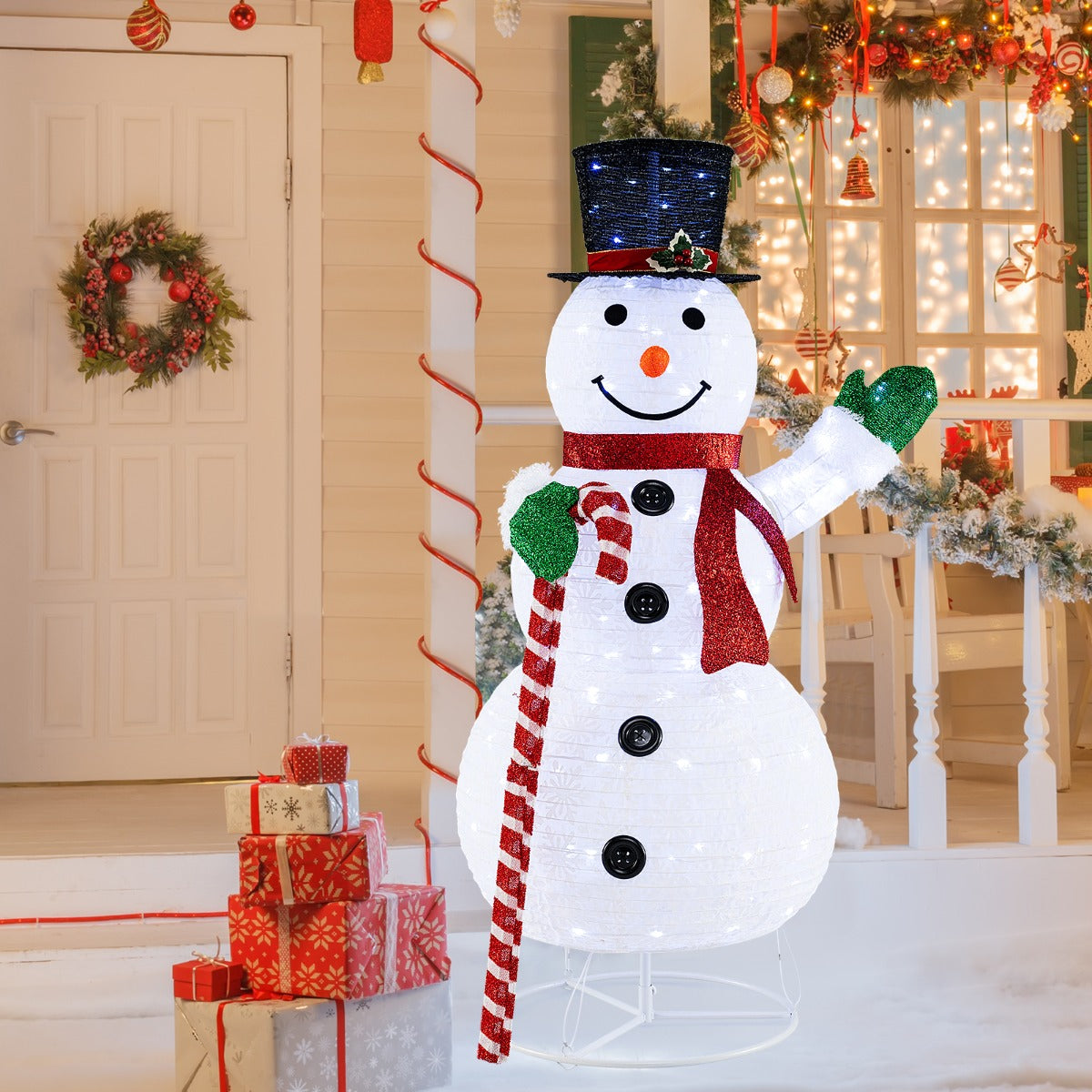 LIVSK Verlichte Pop-Up Sneeuwpop - 150 cm Hoog met 180 LED-Lampjes - Duurzaam en Weerbestendig - Inclusief Grondspiesen - Wit